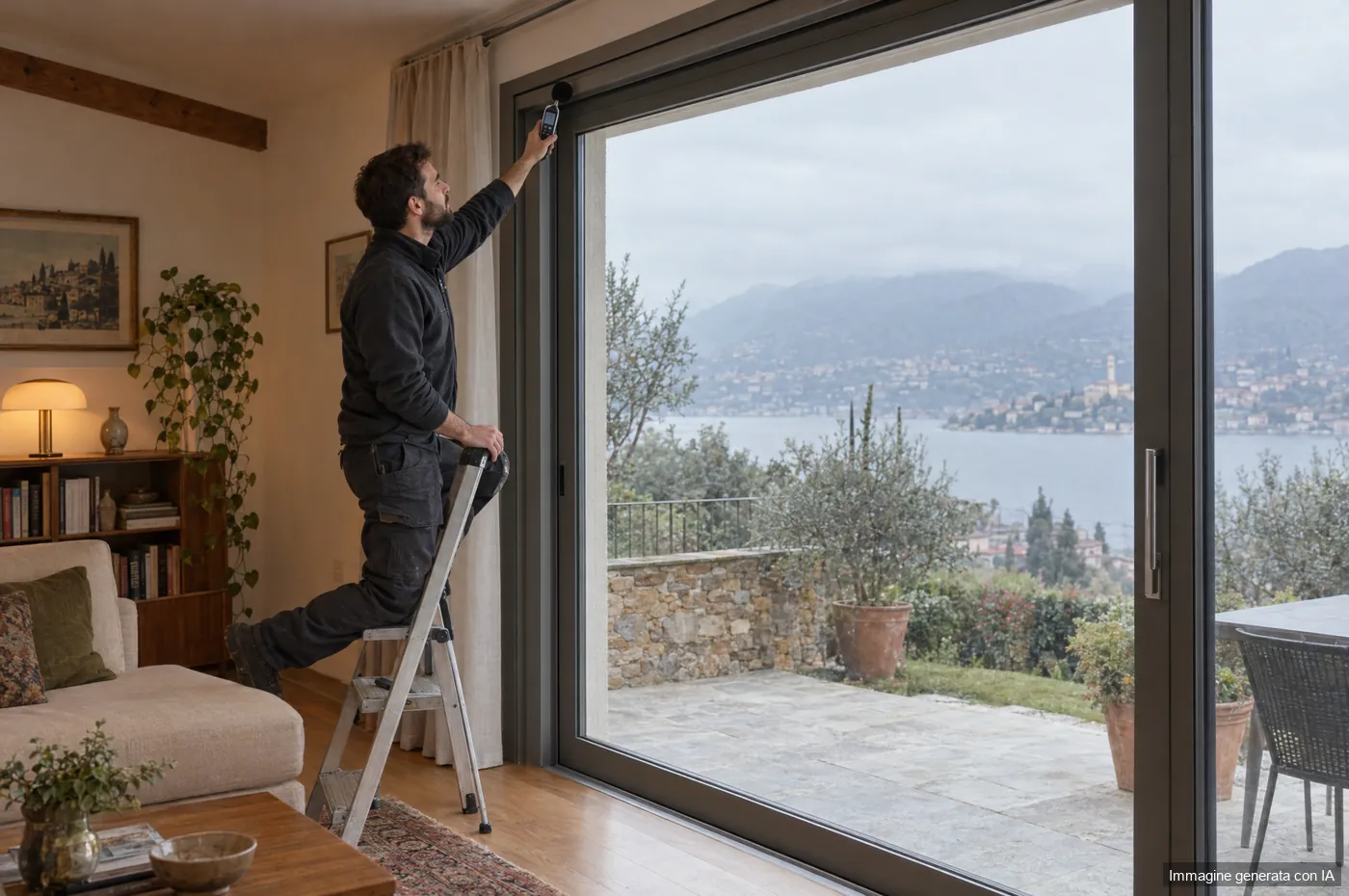 Tecnico che misura il rumore vicino al telaio di una porta finestra